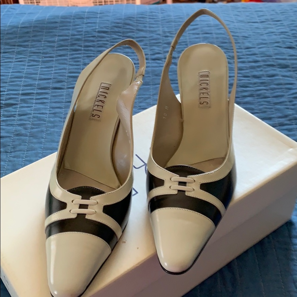 Nickels Black and Cream Pointed Slingback Heels